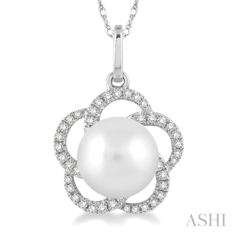 7 MM Cultured Pearl and 1/8 Ctw Round Cut Diamond Pendant in 14K White Gold with Chain