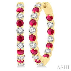 2.7 MM Round Shape Ruby and 1 1/4 Ctw Interior & Exterior Round Cut Diamond Precious Hoop Earrings in 14K Yellow Gold