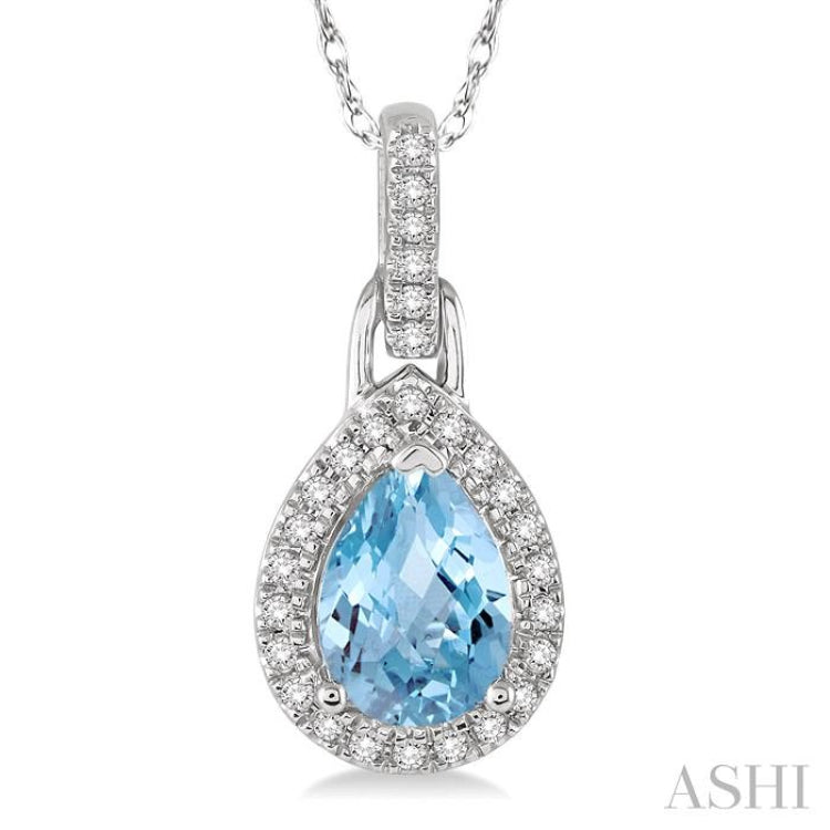 7x5 MM Pear Shape Aquamarine and 1/10 Ctw Round Cut Diamond Pendant in 14K White Gold with Chain