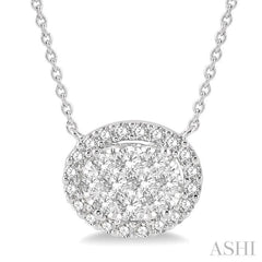 3/4 Ctw Oval Shape Round Cut Diamond Lovebright Pendant With Chain in 14K White Gold