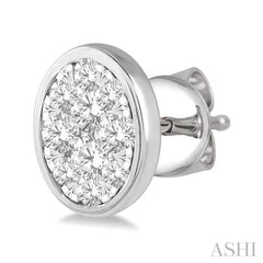 1/2 Ctw Oval Shape Lovebright Round Cut Diamond Bezel Stud Earring in 14K White Gold