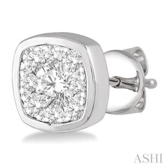 1/3 Ctw Cushion Shape Round Cut Diamond Lovebright Bezel Stud Earring in 14K White Gold