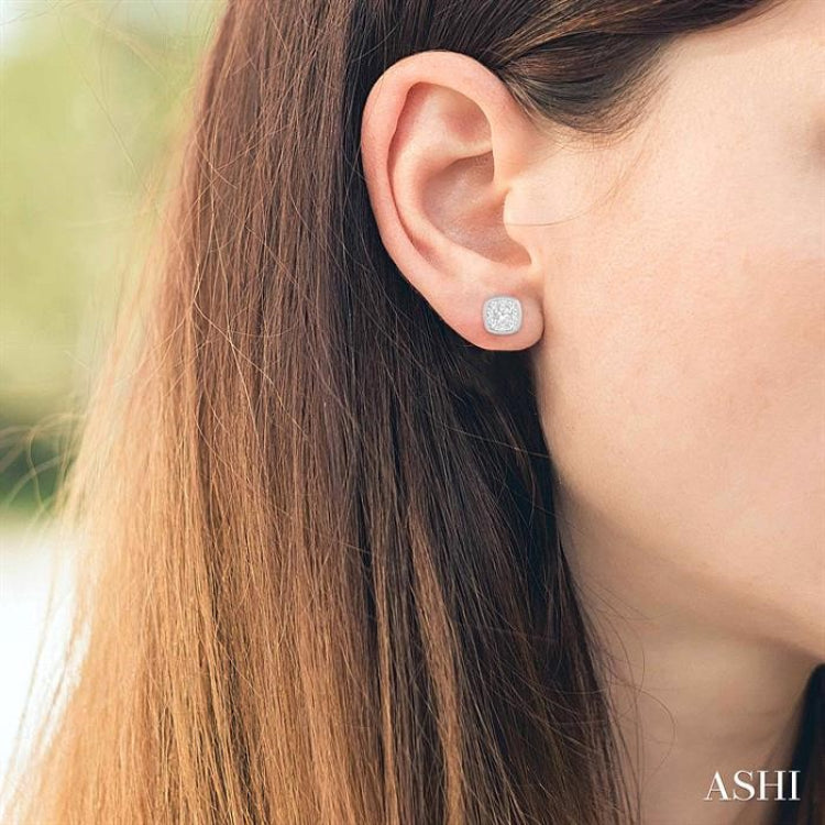1/3 Ctw Cushion Shape Round Cut Diamond Lovebright Bezel Stud Earring in 14K White Gold