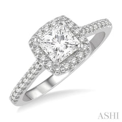1 Ctw Cushion Shape Round & Princess Cut Diamond Engagement Ring With 3/4 Ctw Princess Cut Center Stone in 14K White Gold