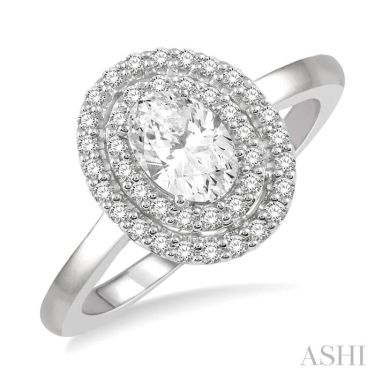 3/4 Ctw Round & Oval Cut Diamond Ladies Engagement Ring with 1/2 Ctw Oval Cut Center Stone in 14K White Gold