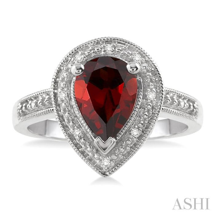 10x7 MM Pear Shape Garnet and 1/20 Ctw Round Cut Diamond Ring in Sterling Silver