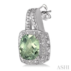 8x8 MM Cushion Shape Green Amethyst and 1/20 Ctw Round Cut Diamond Earrings in Sterling Silver