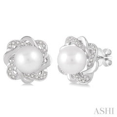 6x6 MM Round Shape Cultured Pearls and 1/10 Ctw Round Cut Diamond Earrings in Sterling Silver
