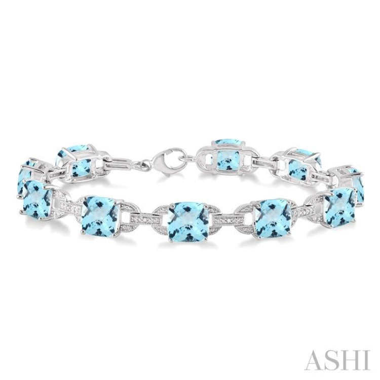 7x7 MM Cushion Shape Blue Topaz and 1/20 Ctw Round Cut Diamond Fashion Bracelet in Sterling Silver