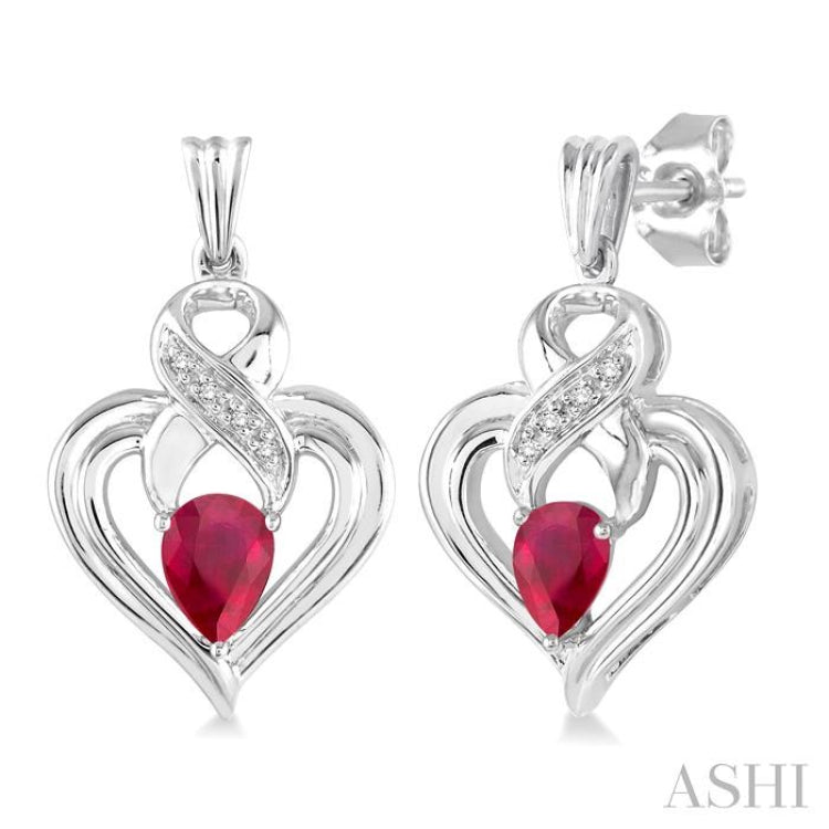5x3 MM Pear Shape Ruby and 1/50 Ctw Round Cut Diamond Earrings in Sterling Silver