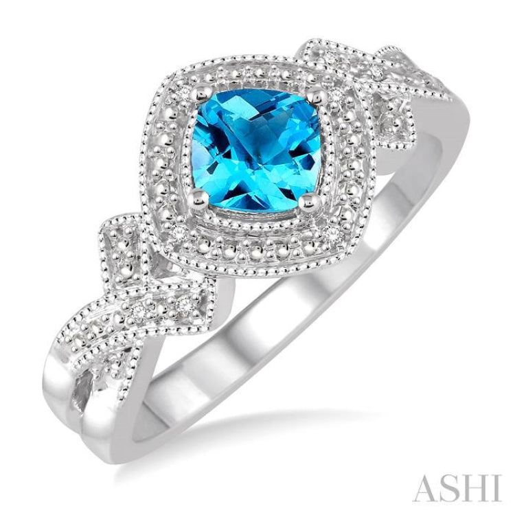 5x5 MM Cushion Shape Blue Topaz and 1/50 Ctw Round Cut Diamond Sterling Silver Ring