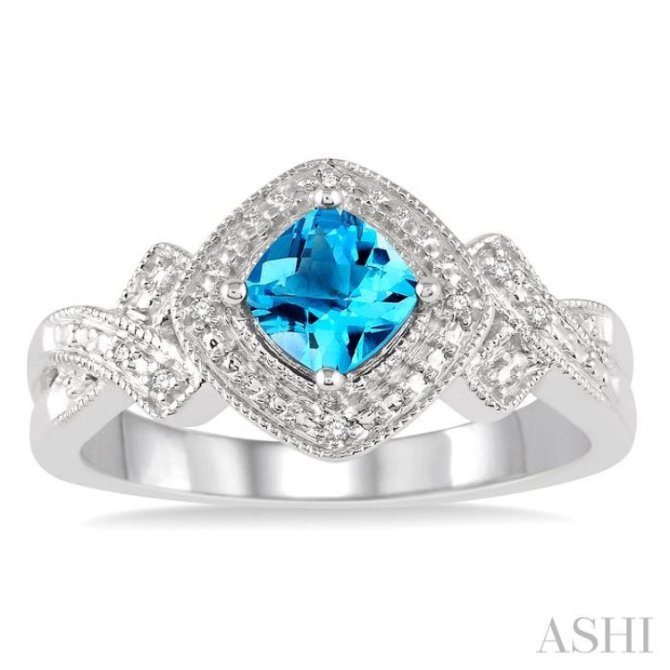 5x5 MM Cushion Shape Blue Topaz and 1/50 Ctw Round Cut Diamond Sterling Silver Ring
