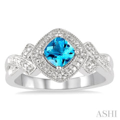 5x5 MM Cushion Shape Blue Topaz and 1/50 Ctw Round Cut Diamond Sterling Silver Ring