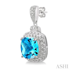 8x8 MM Cushion Shape Blue Topaz and 1/50 Ctw Round Cut Diamond Semi-Precious Earring in Sterling Silver