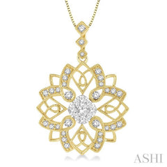 5/8 Ctw Floral Lattice Two Tone Cushion Shape Center Lovebright Round Cut Diamond Pendant With Chain in 14K Yellow and White Gold