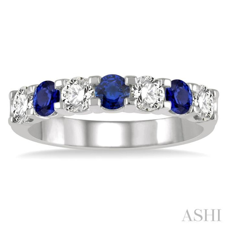 3.3 MM Sapphire and 1/2 Ctw Round Cut Diamond Precious Wedding Band in 14K White Gold