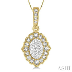1/4 Ctw Lattice Edge Oval Shape Lovebright Round Cut Diamond Pendant With Chain in 14K Yellow and White Gold