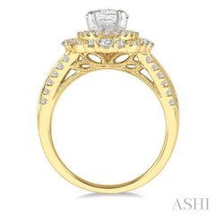 7/8 Ctw Oval Round Cut Diamond Semi-Mount Engagement Ring in 14K Yellow and White Gold