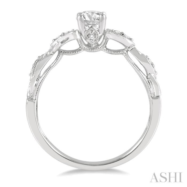 1/3 Ctw Leaf Criss Cross Shank Round Cut Diamond Engagement Ring with 1/4 Ct Round Cut Center Stone in 14K White Gold
