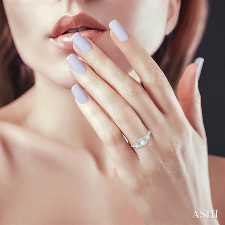 1 Ctw Cushion Shape Past, Present & Future Diamond Engagement Ring With 3/8 Ct Round Cut Center Stone in 14K White Gold