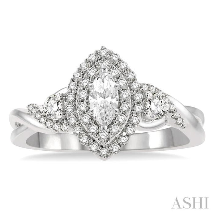 5/8 Ctw Split Twisted Shank Round Cut Diamond Engagement Ring With 1/4 Ct Marquise Cut Center Stone in 14K White Gold