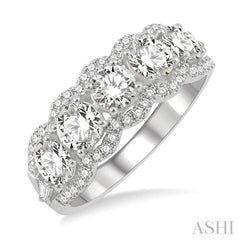 2 Ctw Scalloped Edge Circular Mount 5-Stone Baguette and Round Cut Diamond Fashion Ring in 14K White Gold