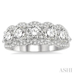 2 Ctw Scalloped Edge Circular Mount 5-Stone Baguette and Round Cut Diamond Fashion Ring in 14K White Gold