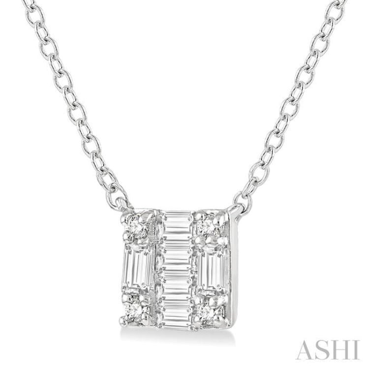 1/8 Ctw Square Shape Baguette and Round Cut Diamond Petite Fashion Pendant With Chain in 14K White Gold