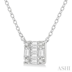 1/8 Ctw Square Shape Baguette and Round Cut Diamond Petite Fashion Pendant With Chain in 14K White Gold