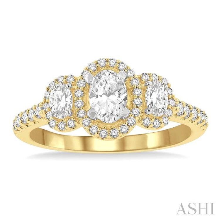 1 Ctw Past, Present & Future Round Cut Diamond Engagement Ring With 3/8 Ct Oval Cut Center Stone in 14K Yellow and White Gold