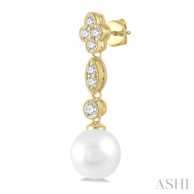 7 MM Cultured Pearls and 1/3 Ctw Round Cut Diamond Drop Earrings in 14K Yellow Gold