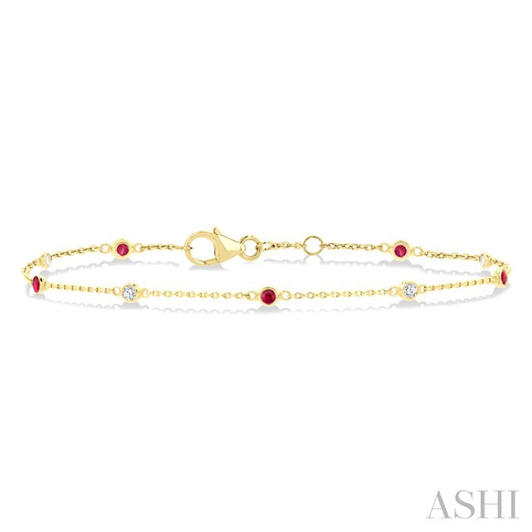 1.8 MM Ruby and 1/10 Ctw Bezel Set Round Cut Diamond Precious Gemstone Station Bracelet in 14K Yellow Gold