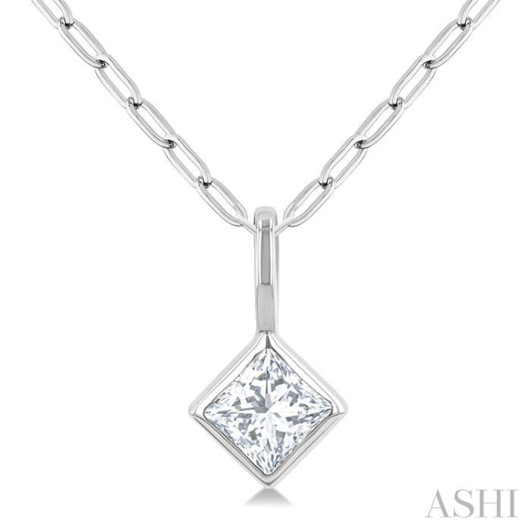 1/5 Ctw Princess Cut Bezel Set Diamond Fashion Pendant with Paperclip Chain in 14K White Gold