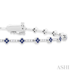 1 MM Round Shape Sapphire and 1/2 Ctw Clover Leaf & Bar Link Round Cut Diamond Precious Bracelet in 14K White Gold