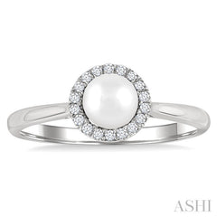5 MM White Cultured Pearl and 1/20 Ctw Round Cut Diamond Halo Ring in 14K White Gold