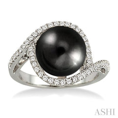 11 MM Black Cultured Pearl and 1/3 Ctw Round Cut Diamond Ring in 14K White Gold