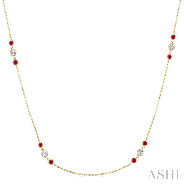 2.25 MM Ruby and 1/2 Ctw Round Cut Diamond Precious Station Necklace in 14K Yellow Gold