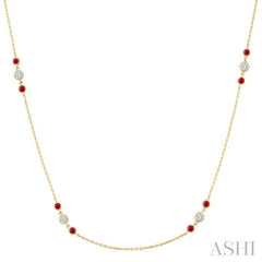 2.25 MM Ruby and 1/2 Ctw Round Cut Diamond Precious Station Necklace in 14K Yellow Gold