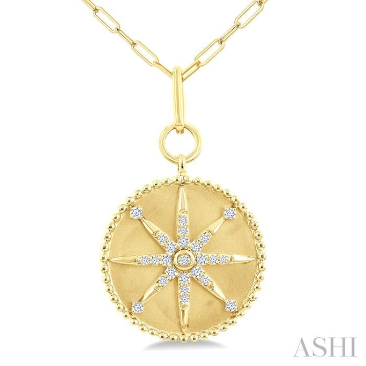 1/4 Ctw Round Cut Diamond Compass Symbol Circle Medallion Fashion Pendant With Paperclip Chain in 14K Yellow Gold