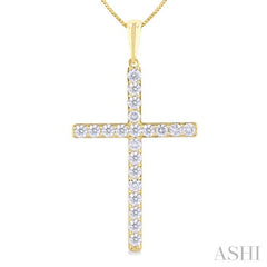 1/2 Ctw Round Cut Diamond Prong Set 1-Inch Plate Cross Pendant With Chain in 14K Yellow Gold