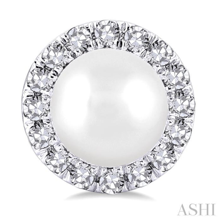 4.5 MM White Cultured Pearl and 1/8 Ctw Round Cut Diamond Halo Stud Earrings in 14K White Gold