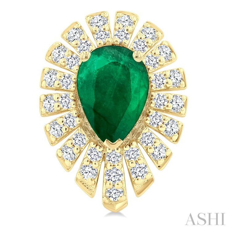 5X3 MM Pear Cut Emerald and 1/3 Ctw Starburst Round Cut Diamond Precious Stud Earring in 14K Yellow Gold