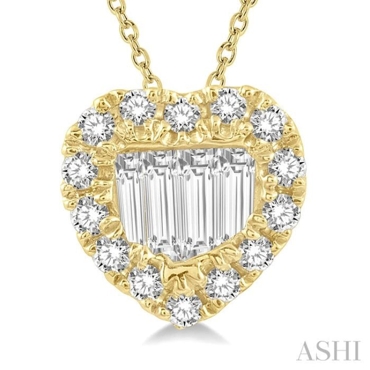 1/5 Ctw Heart Shape Baguette Center & Round Cut Diamond Pendant With Chain in 14K Yellow Gold