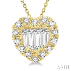 1/5 Ctw Heart Shape Baguette Center & Round Cut Diamond Pendant With Chain in 14K Yellow Gold
