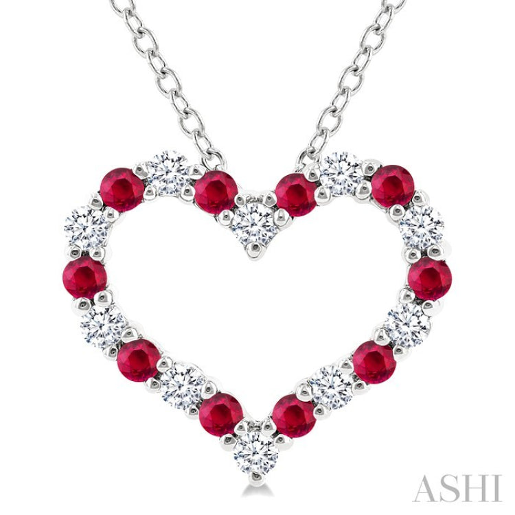 1.4 MM Round Cut Ruby and 1/8 Ctw Open Heart Round Cut Diamond Precious Fashion Pendant With Chain in 14K White Gold