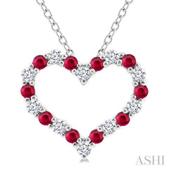 1.4 MM Round Cut Ruby and 1/8 Ctw Open Heart Round Cut Diamond Precious Fashion Pendant With Chain in 14K White Gold