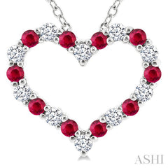1.4 MM Round Cut Ruby and 1/8 Ctw Open Heart Round Cut Diamond Precious Fashion Pendant With Chain in 14K White Gold