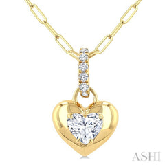 1/4 Ctw Dome Heart and Round Cut Diamond Fashion Pendant With Paperclip Chain in 14K Yellow Gold