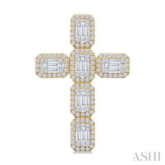 1 1/2 Ctw Cross Fusion Baguette and Round Cut Diamond Fashion Pendant in 14K Yellow and White Gold