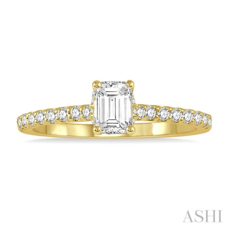 1/5 Ctw Emerald Shape Round Cut Diamond Semi-Mount Engagement Ring in 14K Yellow Gold